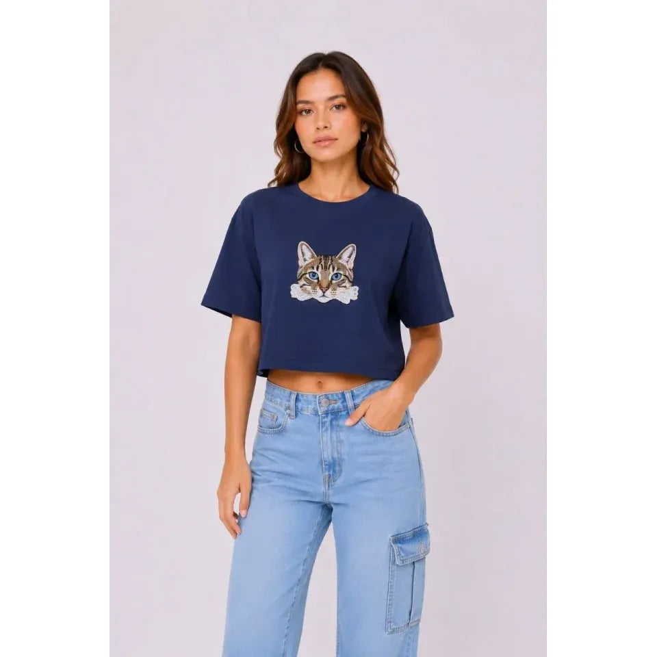 Kedi Baskılı Oversize Crop Tişört Salaş Basic Yarım Kol T-shirt - Lacivert