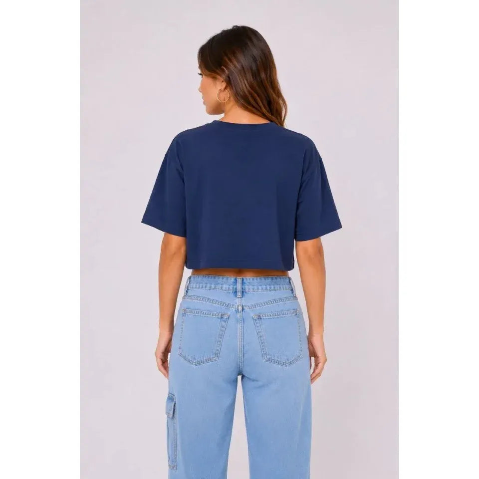 Kedi Baskılı Oversize Crop Tişört Salaş Basic Yarım Kol T-shirt - Lacivert