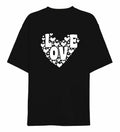 14 Şubat Sevgililer Günü Love Kalp Baskılı Oversize Bisiklet Yaka T-shirt - Siyah