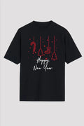 Yılbaşı Happy New Year Baskılı Kısa Kollu Oversize Bisiklet Yaka T-shirt - Siyah