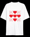 Anneler Günü Hediye MOM Kalp Baskılı Oversize Bisiklet Yaka T-shirt - Beyaz