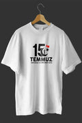 15 Temmuz Demokrasi Ve Milli Birlik Günü Baskılı Oversize Bisiklet Yaka T-shirt - Beyaz