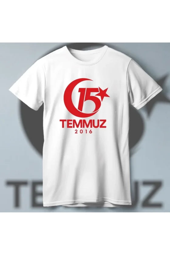 15 Temmuz Demokrasi Ve Milli Birlik 2016 Anma Baskılı Bisiklet Yaka T-shirt - Beyaz