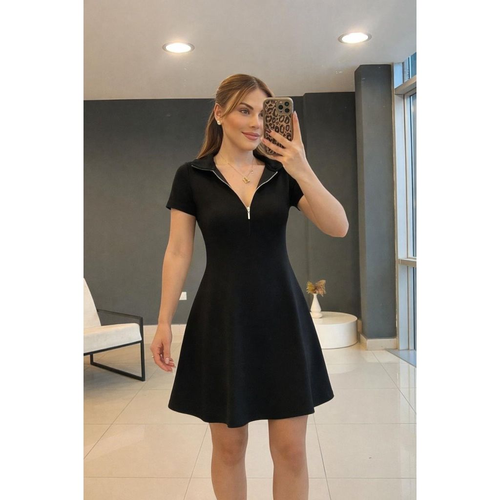 Kadın Kısa Kollu Yakası Fermuarlı Kısa Viskon Iki Iplik Elbise