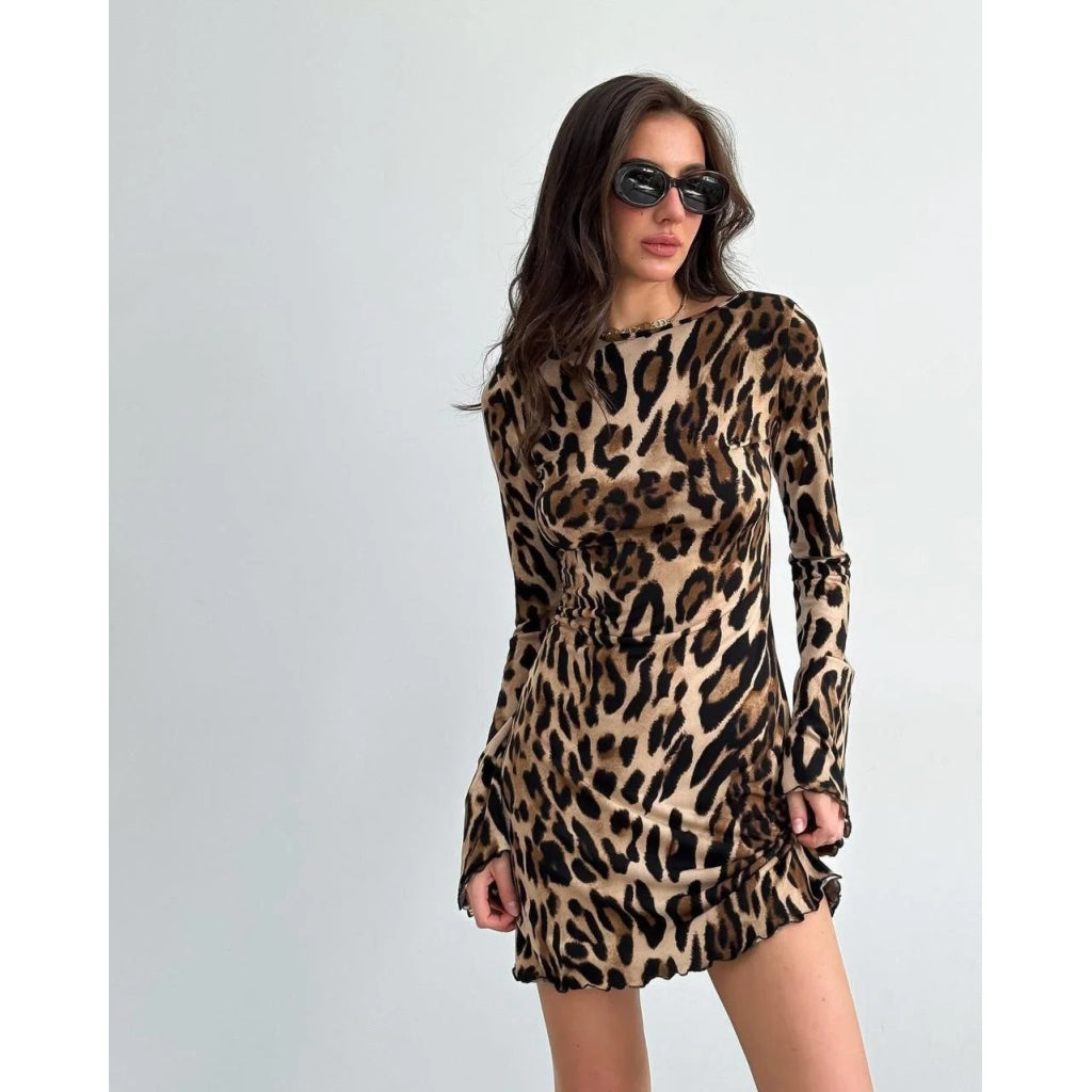 Kadın Uzun Kollu Sırtı Açık Bağlamalı Leopar Desenli Kısa Dalgıç Elbise