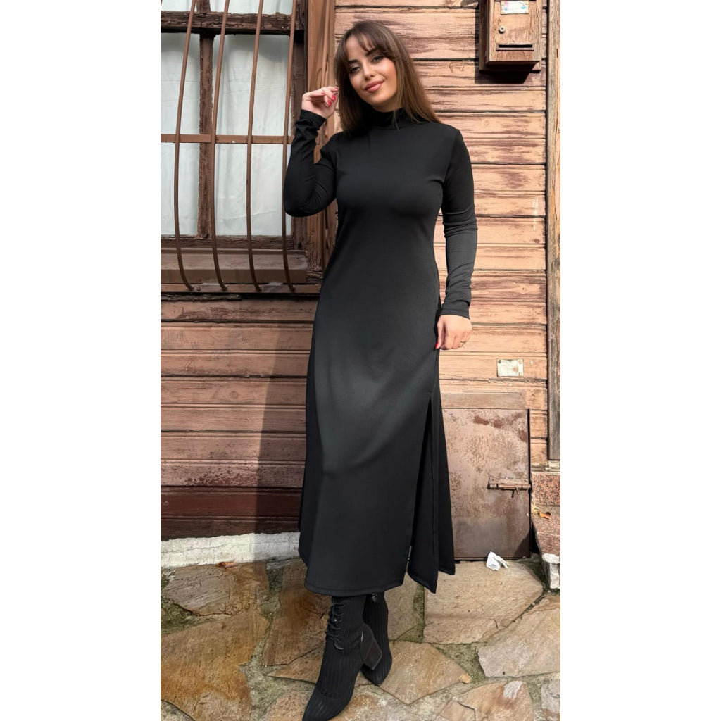 Kadın Uzun Kollu Balıkçı Yaka Derin Yırtmaç Detay Krep Elbise