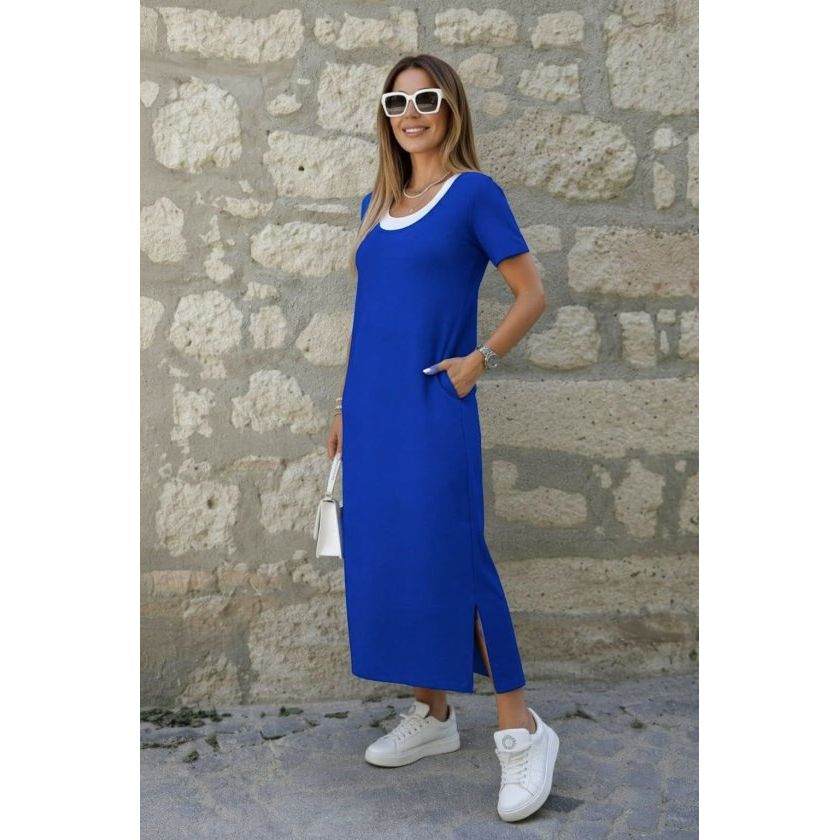Kadın Kısa Kollu Içi Atlet Görünümlü Yandan Yırtmaçlı Uzun Viskon Elbise