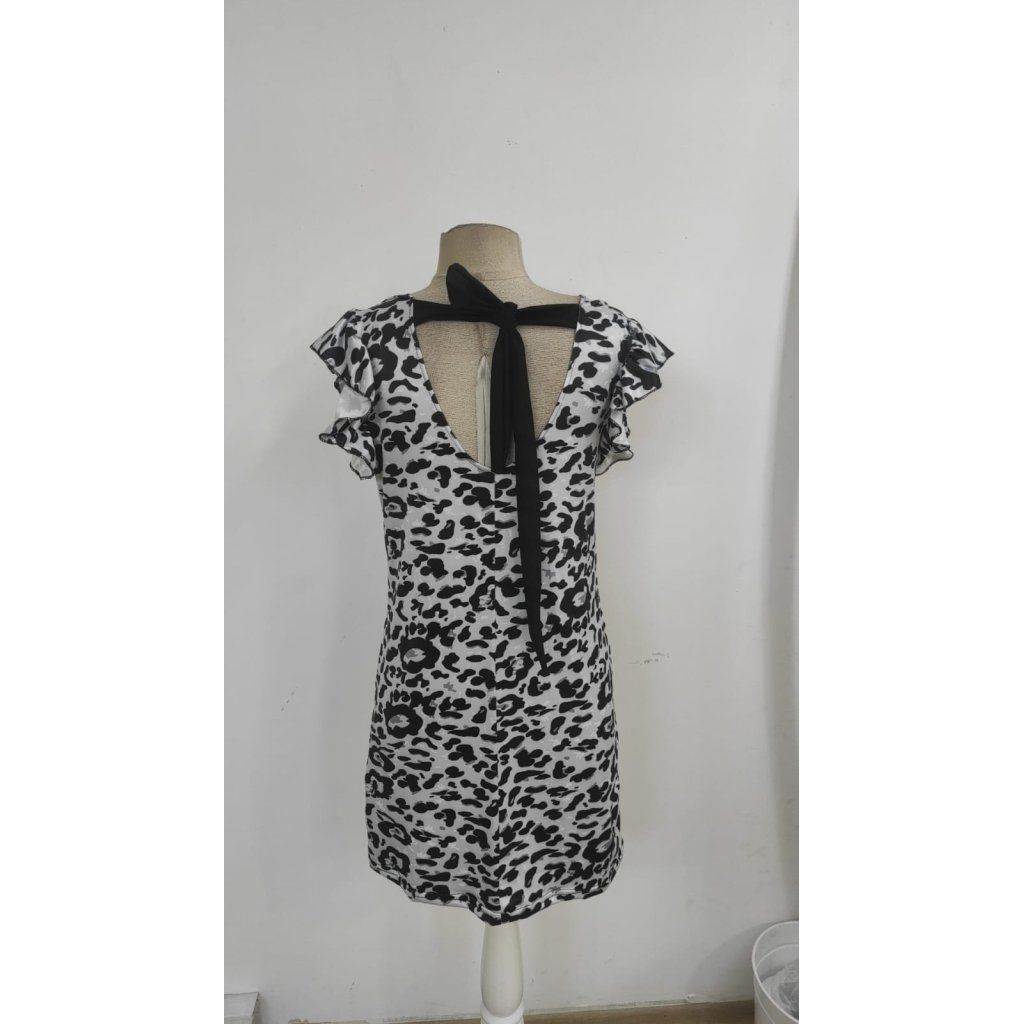 Kadın Kısa Kollu Kolları Fırfır Detay Arkası Bağlamalı Leopar Desen Kolsuz Mini Mikro Elbise