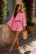Kadın Omuz Dekolteli Kısa Bluz Ve Salaş Modal Kumaş Ikili Takım
