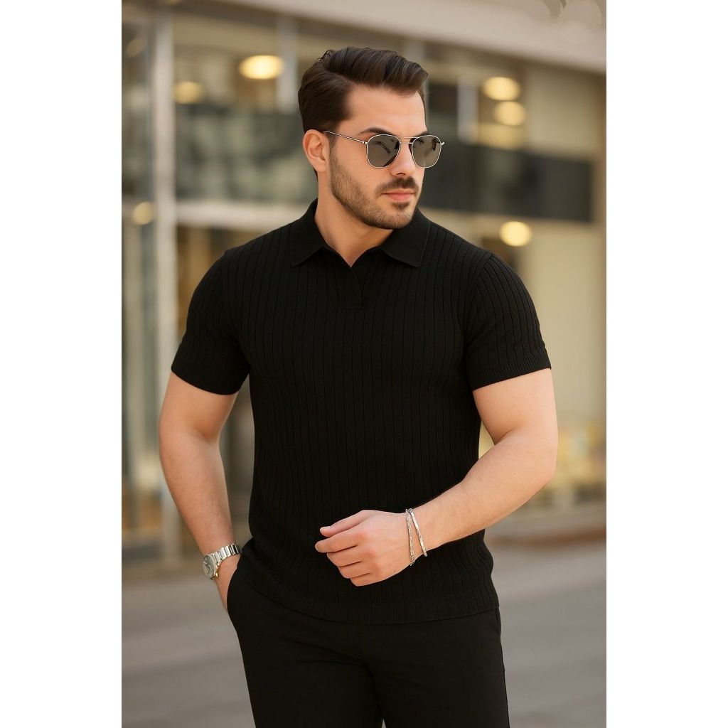 Erkek Kısa Kollu Yakalı çizgi Desenli Triko Bluz