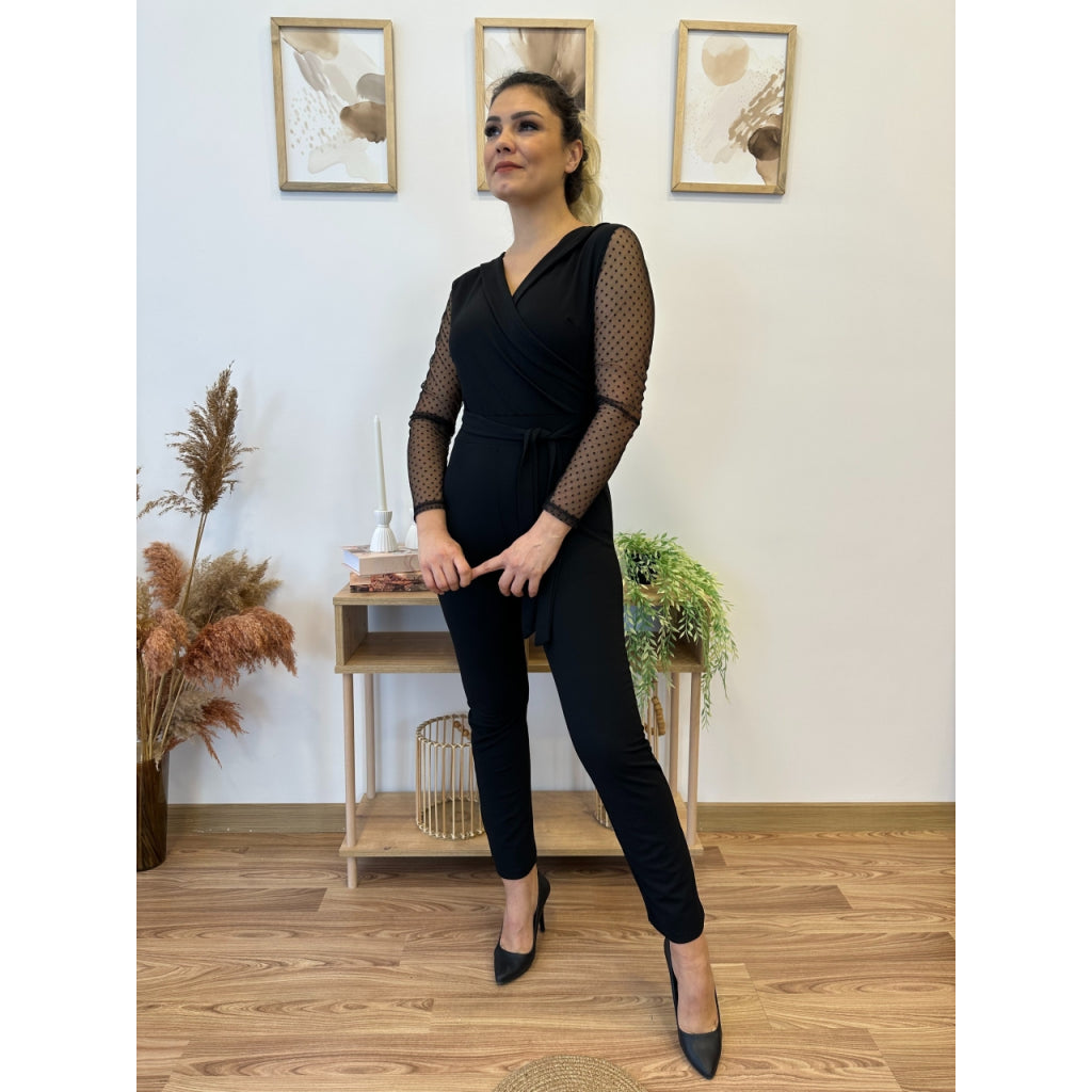 Kadın Uzun Kollu Kruvaze Yakalı Kolları Tül Detay Beli Kuşaklı Ithal Krep Tulum