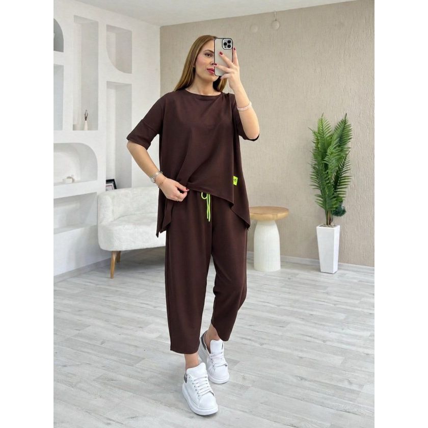 Kadın Kısa Kollu Bisiklet Yaka Viskon Iki Iplik Bluz Ve Pantolon Ikili Takım