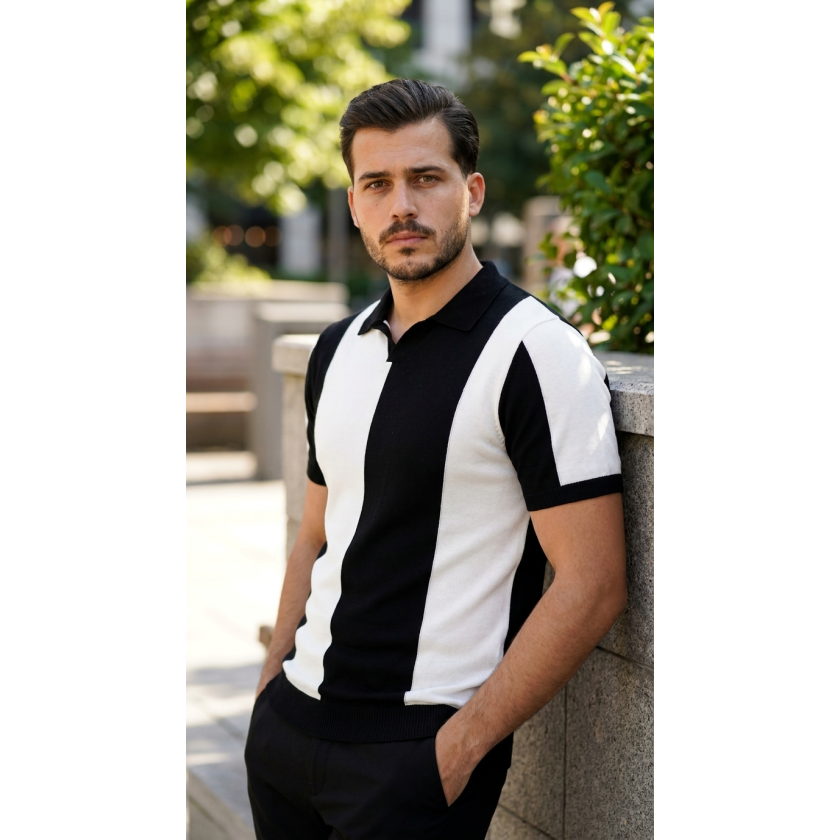 Erkek Kısa Kollu Polo Yakalı Blok Desenli Triko Bluz
