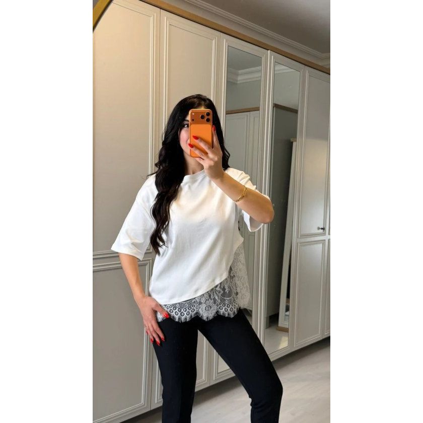 Kısa Kollu Bısıklet Yakalı Dantel Detaylı Vıskon ıkı ıplık Bluz