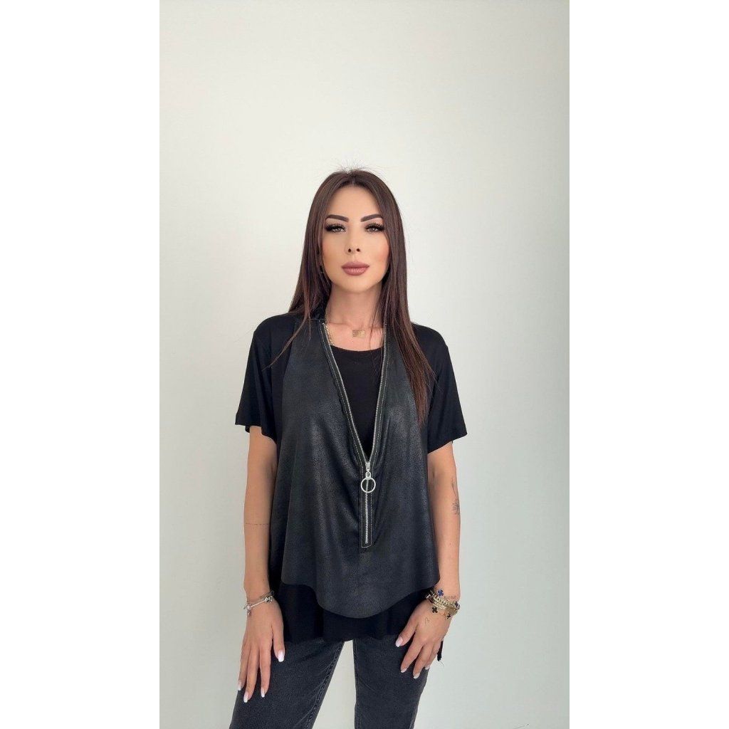 Kadın Kısa Kollu Yuvarlak Yaka Viskon Bluz + Kolsuz Fermuarlı çatlak Deri Yelek