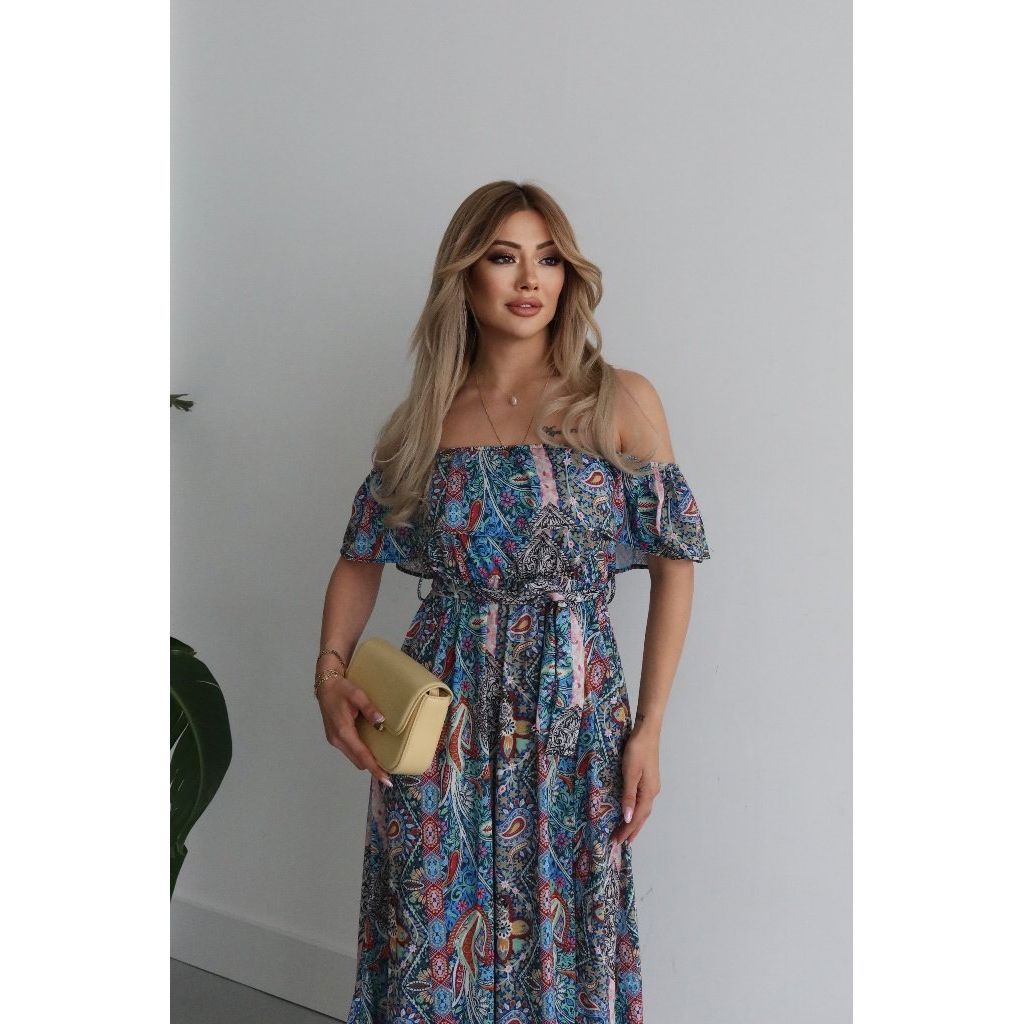 Kadın Kısa Kollu Madonna Yaka Fırfırlı Belden Yırtmaçlı Maksi Süprem Elbise
