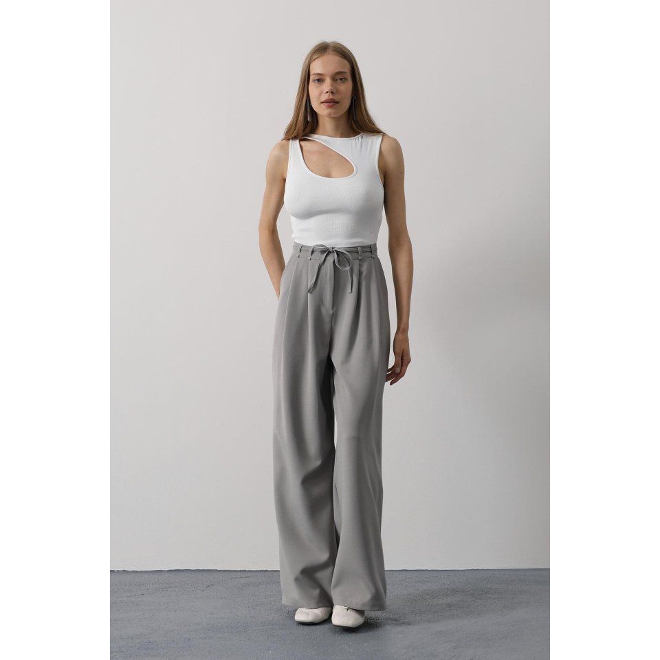 Pileli Bağcıklı Oversize Pantolon - Gri