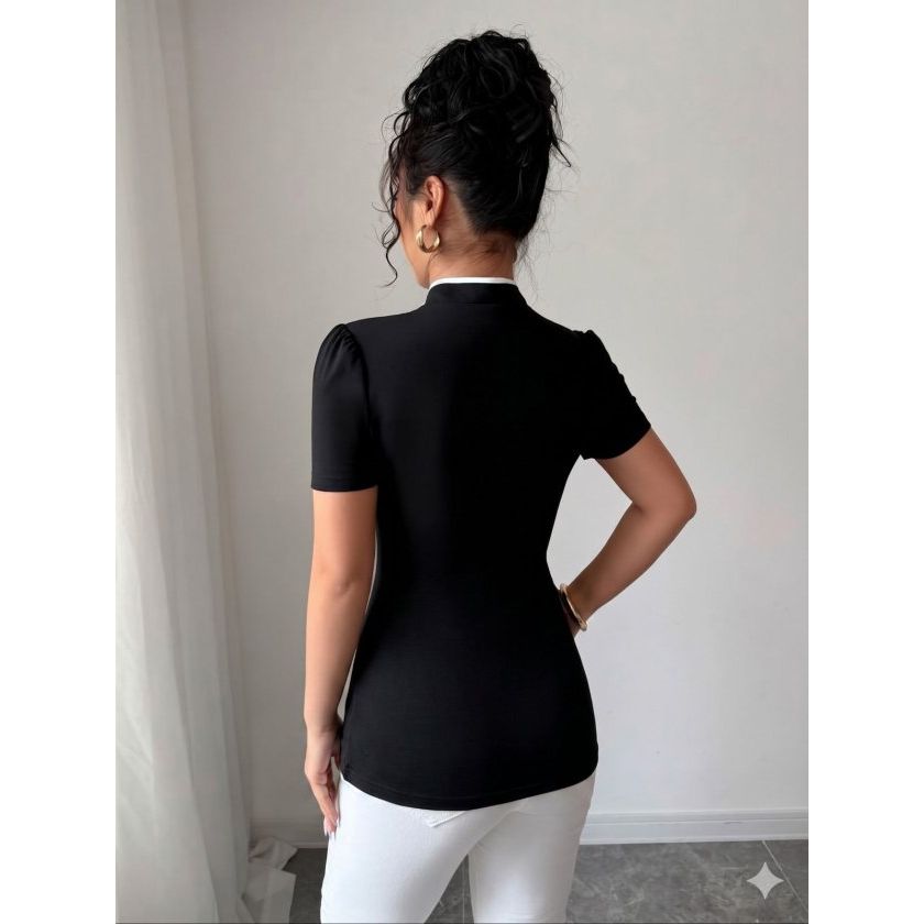 Kadın Beyaz şerit Detaylı Dar Kesim Dik Yaka Bluz