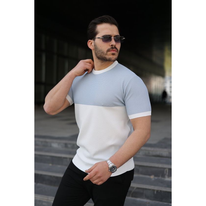 Erkek Renk Bloklu Bisiklet Yaka Kısa Kollu Triko Tişört
