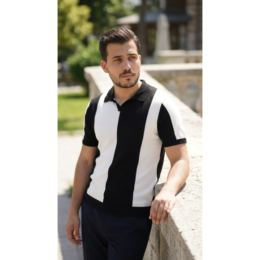 Erkek Kısa Kollu Polo Yakalı Blok Desenli Triko Bluz