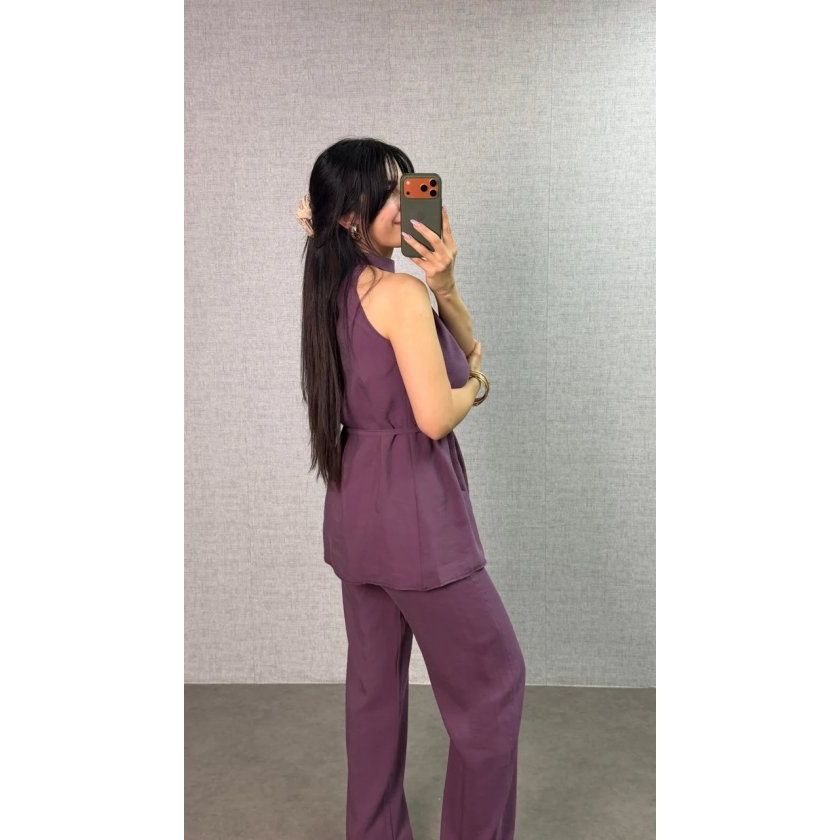Kadın Halter Yaka Beli Kuşak Detaylı Ikili Takım