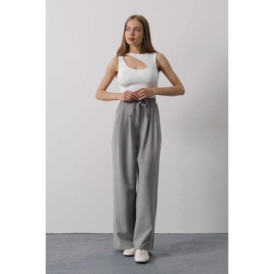 Pileli Bağcıklı Oversize Pantolon - Gri