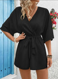 Kadın Kısa Kollu Kruvaze Yaka Belden Kuşaklı Kısa Aerobin Tulum