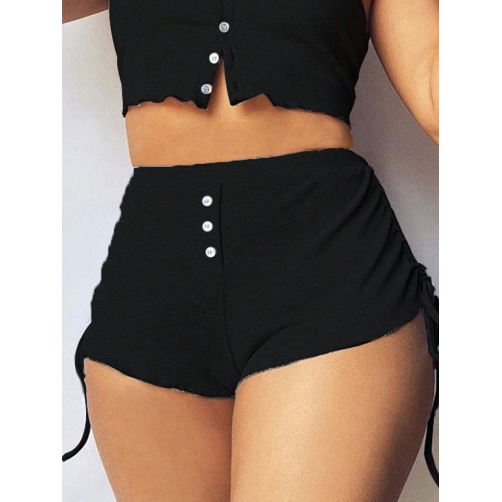Kadın Ip Askılı Crop Bluz Ve Yanlardan Büzgülü Ikili Kaşkorse Short Takım