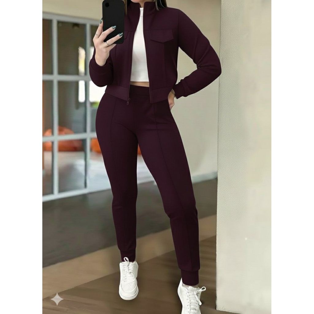 Kadın Uzun Kollu önden Fermuarlı Kısa Modal Mor Ceket Ve Pantolon Ikili Takım