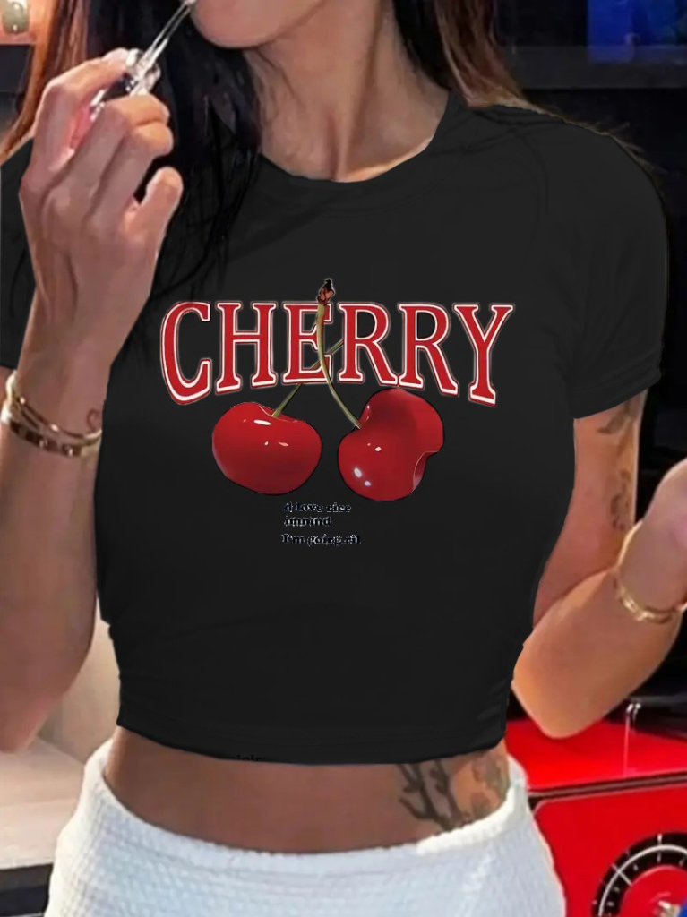 Kadın Kısa Kollu Bisiklet Yaka Desenli Krop Bluz
