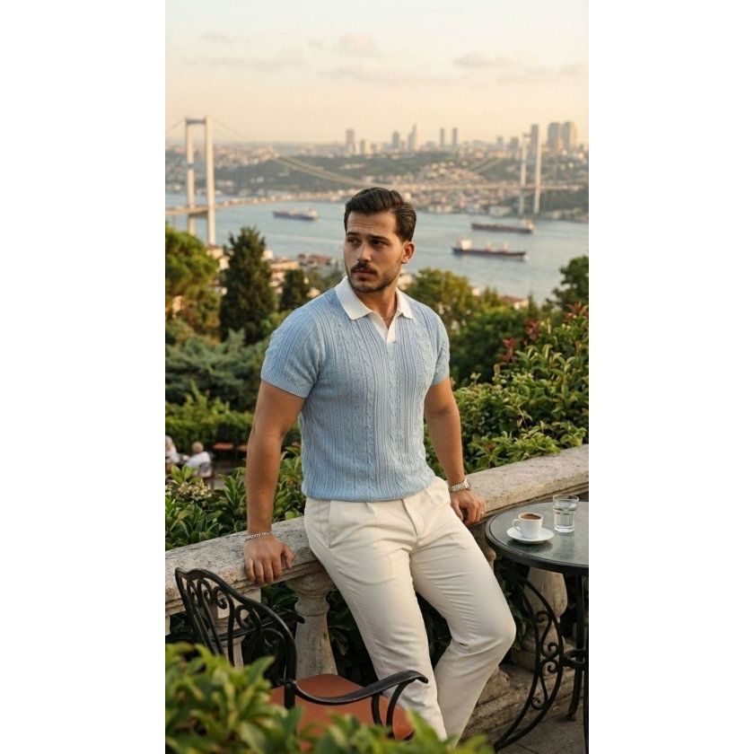 Erkek Desenli Kısa Kollu Triko Tişört - %100 Pamuk Akrilik