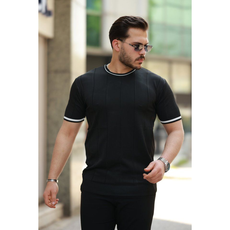Erkek Bisiklet Yaka çizgi Desenli Ribanalı Kısa Kollu Tshirt