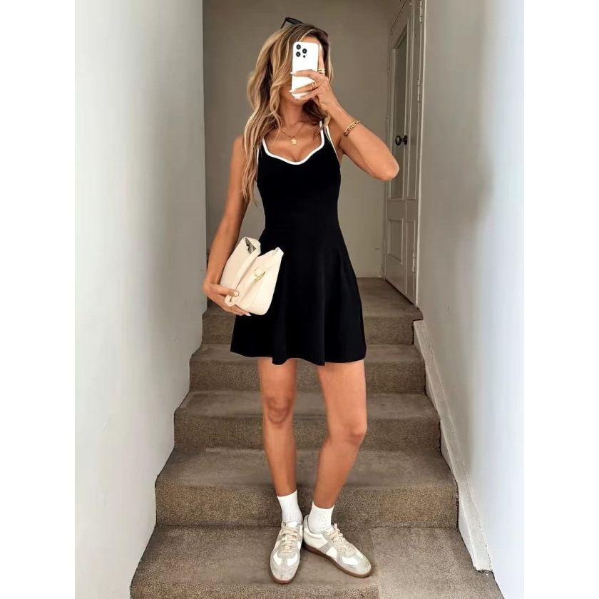 Kadın Askılı Kalp Yakalı şerit Detaylı Dalgıç Kısa Elbise