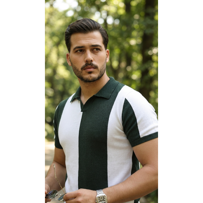 Erkek Kısa Kollu Polo Yakalı Blok Desenli Triko Bluz