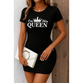 Kadın Kısa Kollu Queen Baskı Iki Iplik Mini Elbise