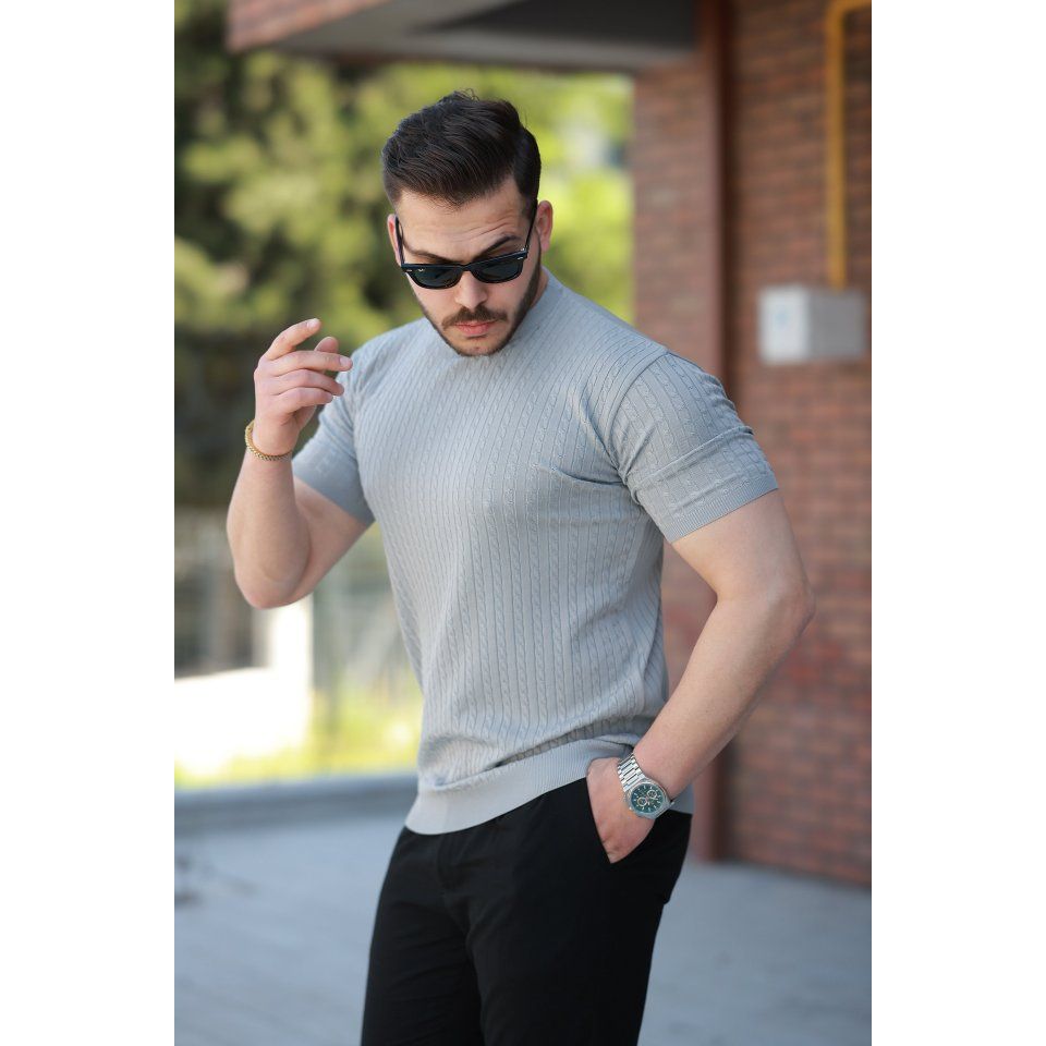 Erkek Bisiklet Yaka örgü Desenli Kısa örme Triko Kısa Kollu T-shirt