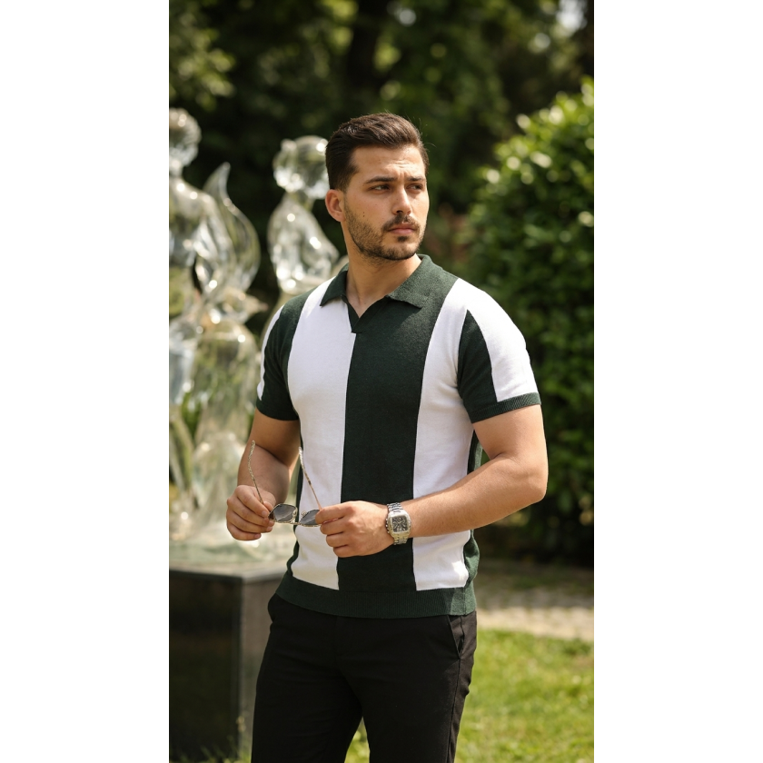 Erkek Kısa Kollu Polo Yakalı Blok Desenli Triko Bluz