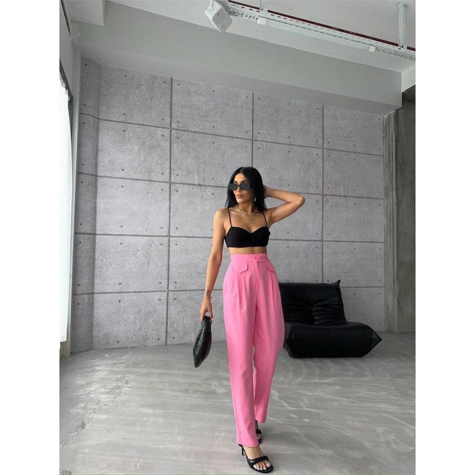 PANTOLON KAPALI CEP 3 DÜĞME DETAYLI - Pembe