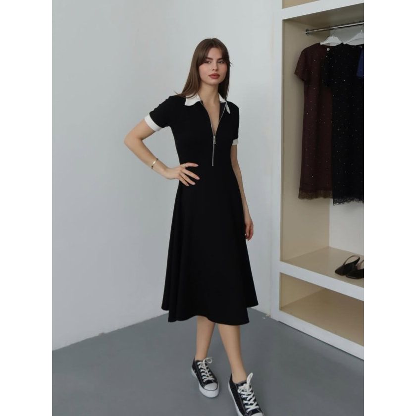 Kadın Polo Yaka Fermuar Detaylı Modal Midi Elbise