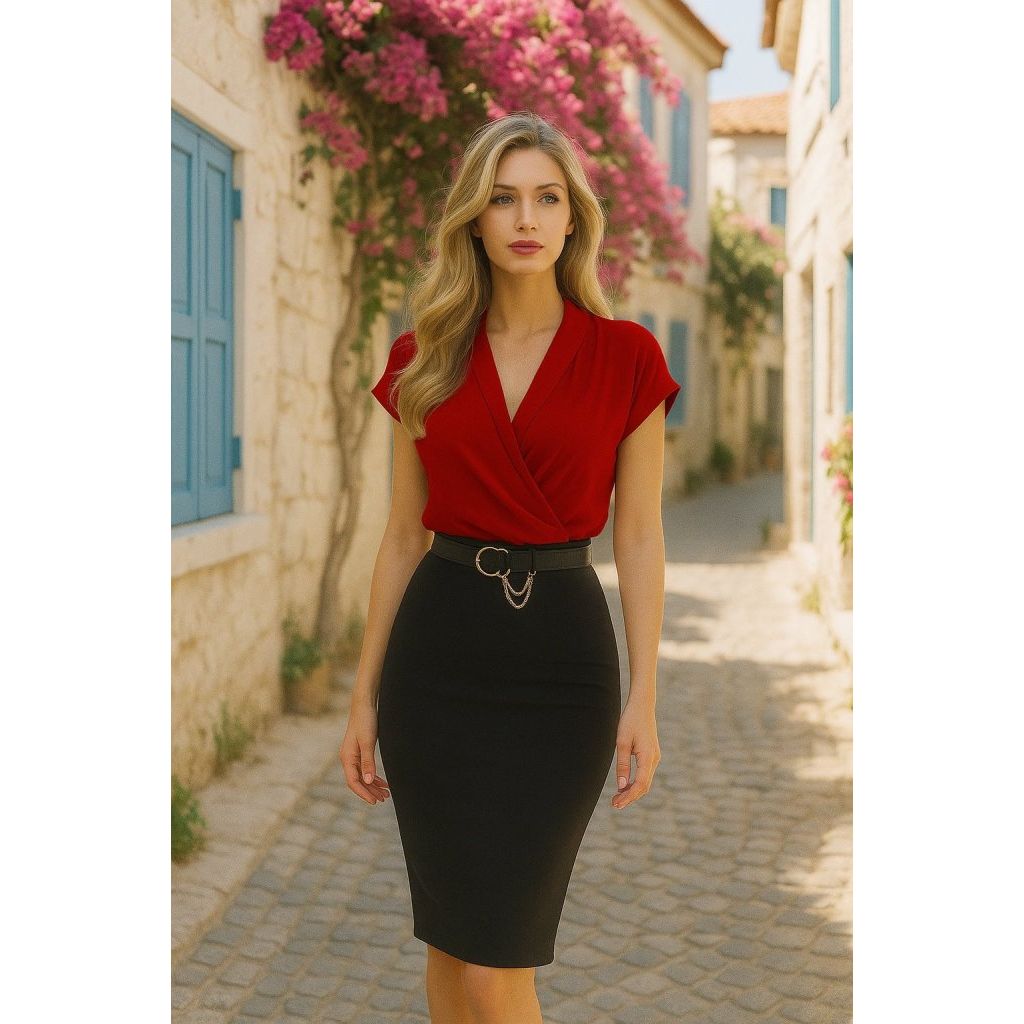 Kadın Kısa Kollu Kruvaze Yaka Krep Elbise (Kemersiz)