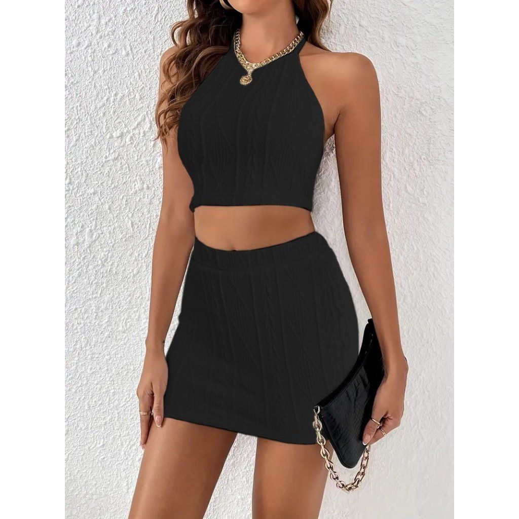 Kadın Sıfır Kol Crop Mini Etek Ikili Triko Takım