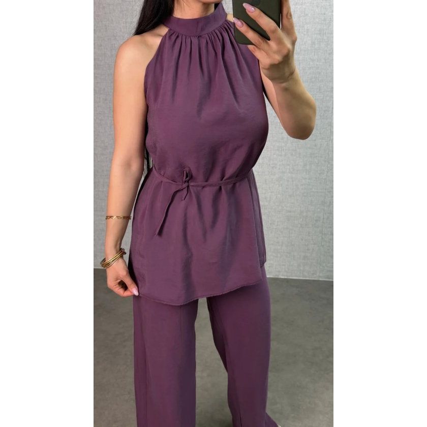 Kadın Halter Yaka Beli Kuşak Detaylı Ikili Takım