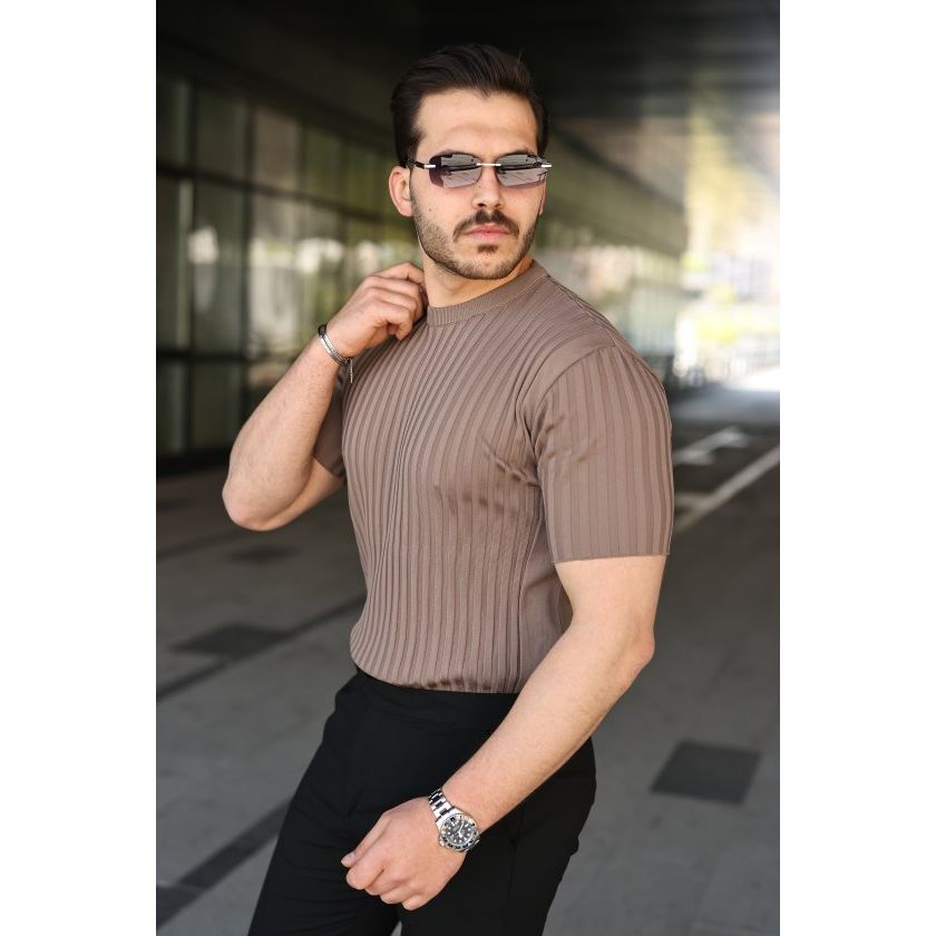 Erkek Fitilli Bisiklet Yaka Kısa Kollu Tişört