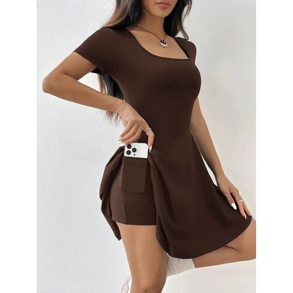 Kadın Kısa Kollu Kare Yaka Short Detaylı Cepli Dalgıç Elbise