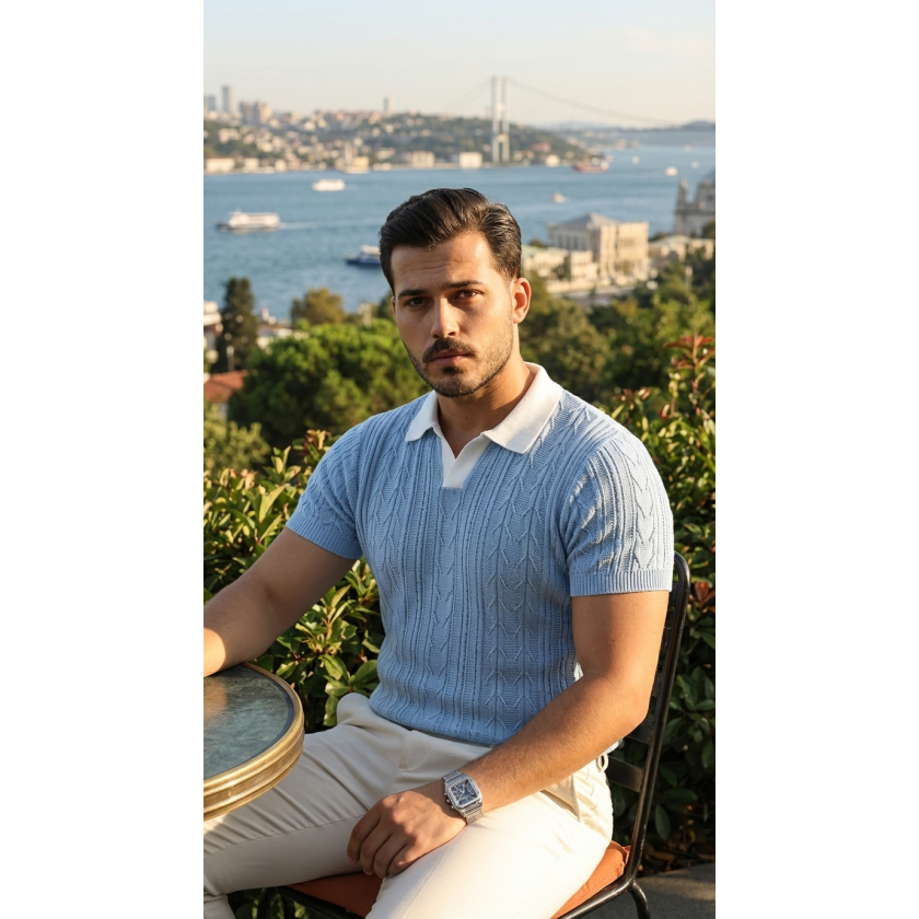 Erkek Desenli Kısa Kollu Triko Tişört - %100 Pamuk Akrilik