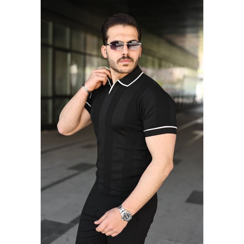 Erkek Dokulu Desen Yakalı Kısa Kollu Tişört