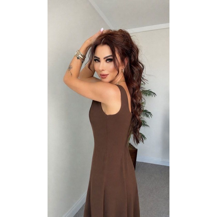 Kadın Askılı Kare Yakalı Kemersiz A şeklinde Gelen Uzun Ithal Krep Elbise