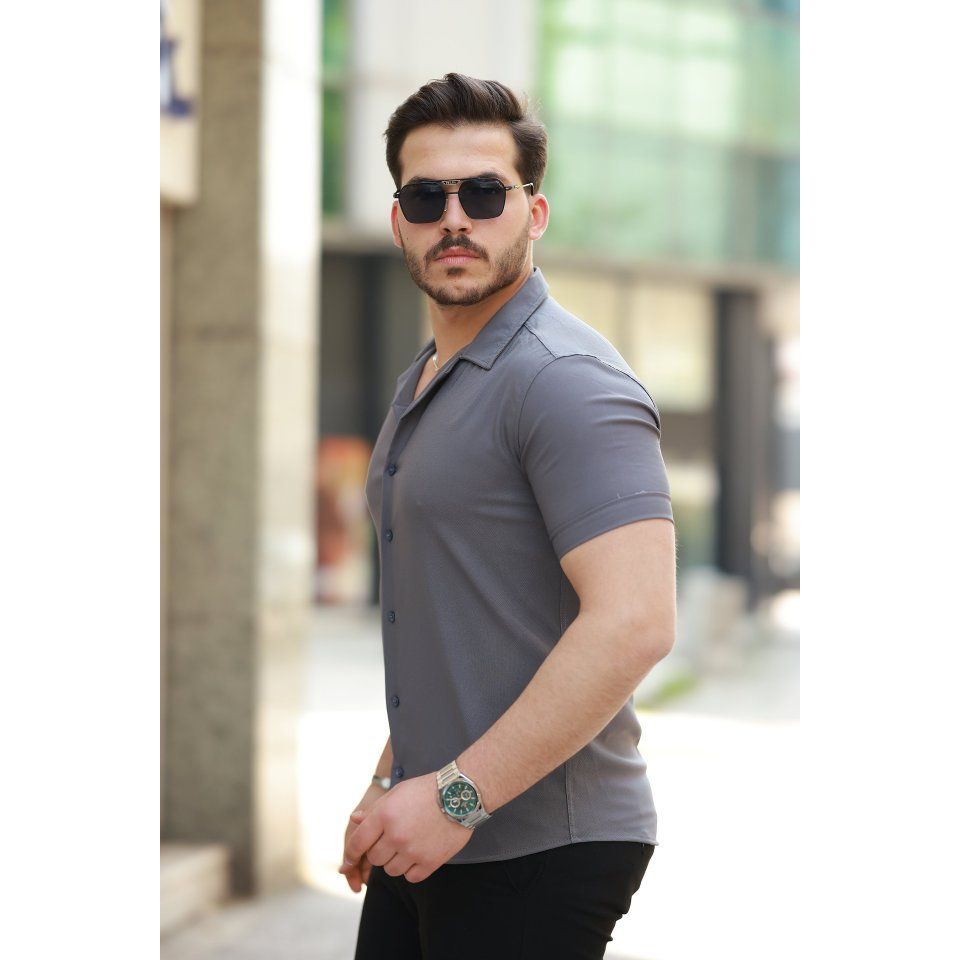 Erkek Apaj Yaka Kısa Kollu Gömlek