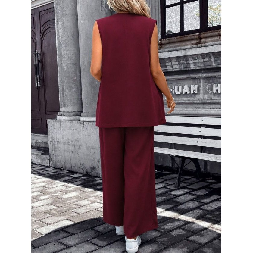 Kadın Kolsuz önü Açık Yakalı Cepli Janjan Krep Yelek Ve Pantolon Ikili Takım