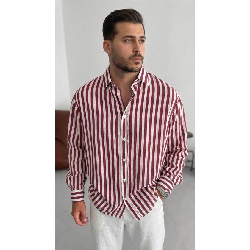 Erkek Dikey Çizgili Yarım Oversize Gömlek